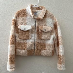Plaid design sherpa zip up jacket